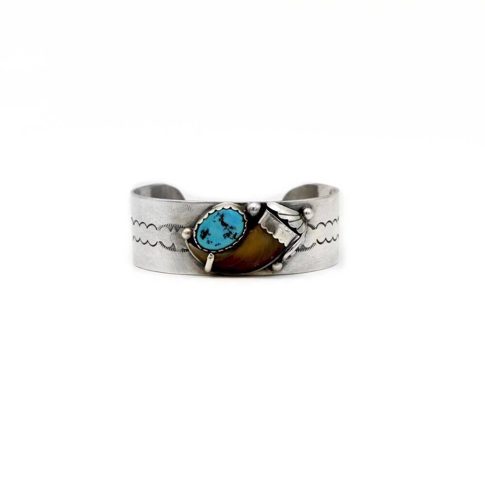 Native American M.Tsosie Sterling Silver Bear Claw Turquoise Cuff Bracelet